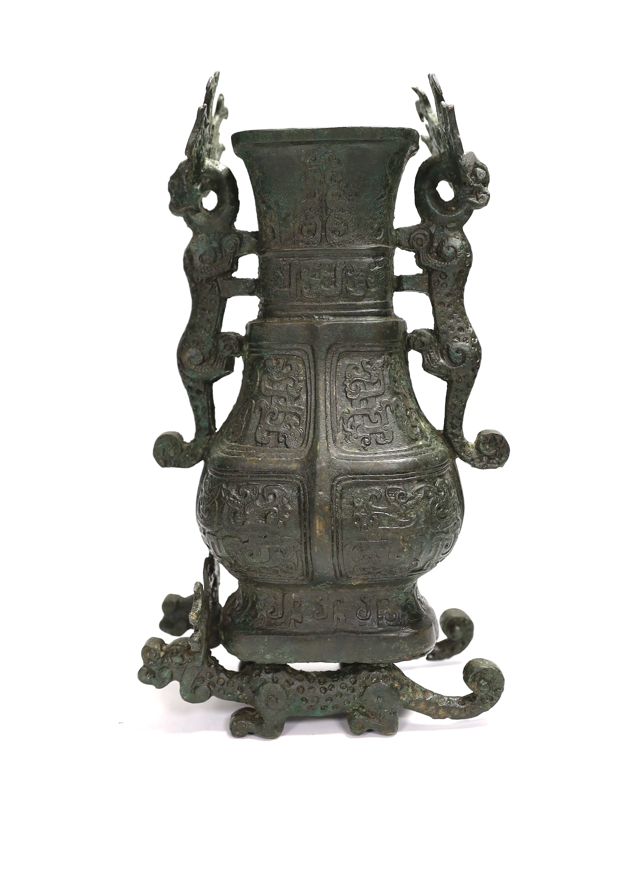 A Chinese archaistic bronze vessel, Fangzhun, Shang style, 31.5cm
